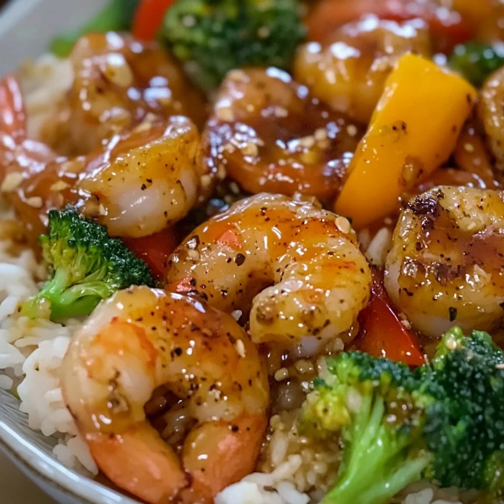 Vibrant rainbow shrimp dish garnished with fresh herbs and spices.