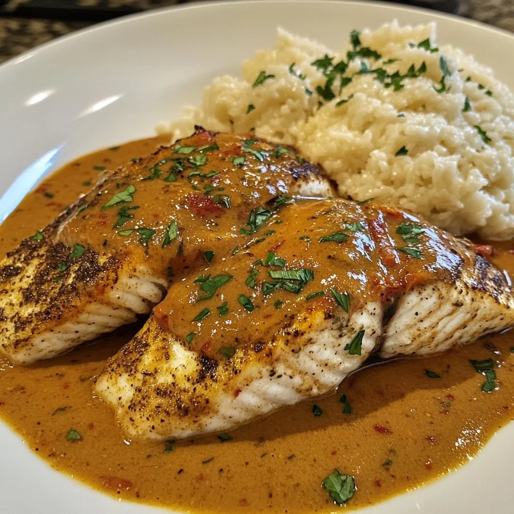 Delicious Red Snapper fillet served with creamy Creole sauce on a plate.