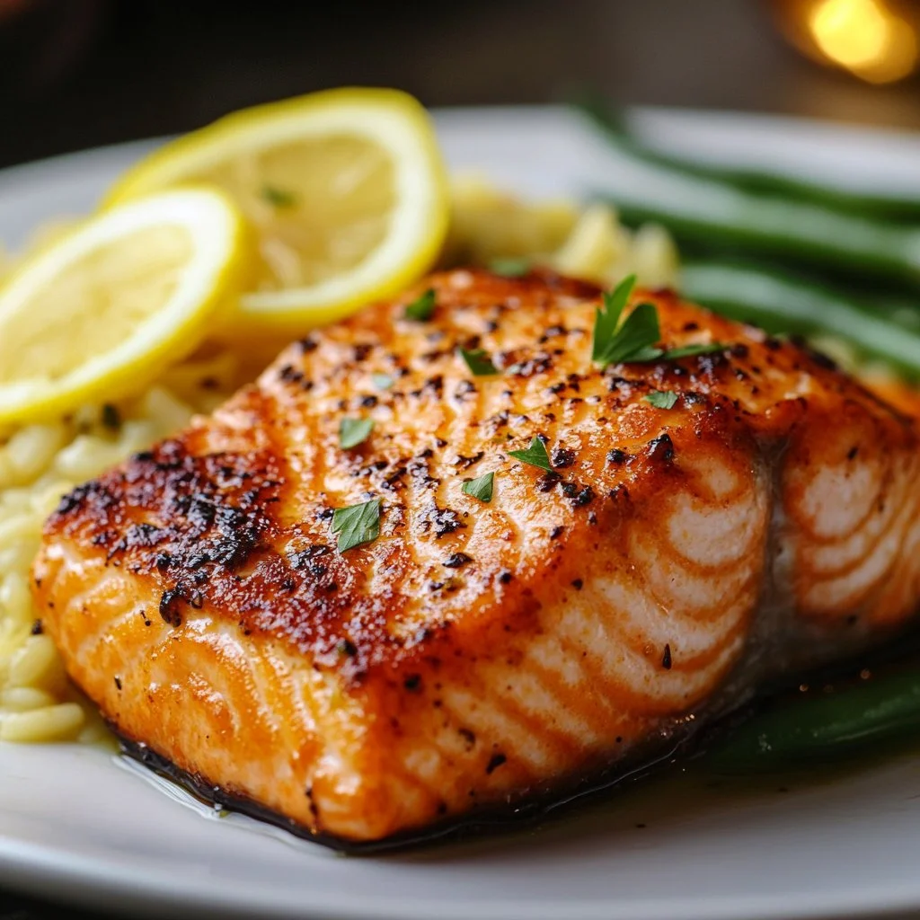 Plate of Salmon & Orzo Rice garnished with herbs and vegetables