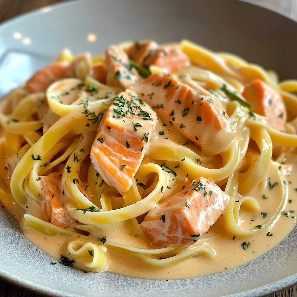 Salmon pasta dish with a creamy dill sauce garnished with herbs