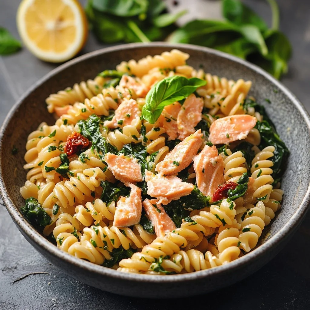 Plate of salmon pasta with sun-dried tomatoes and fresh herbs