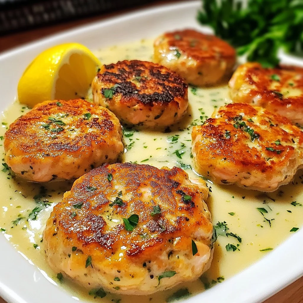 Salmon patties served with a tangy lemon garlic sauce on a white plate