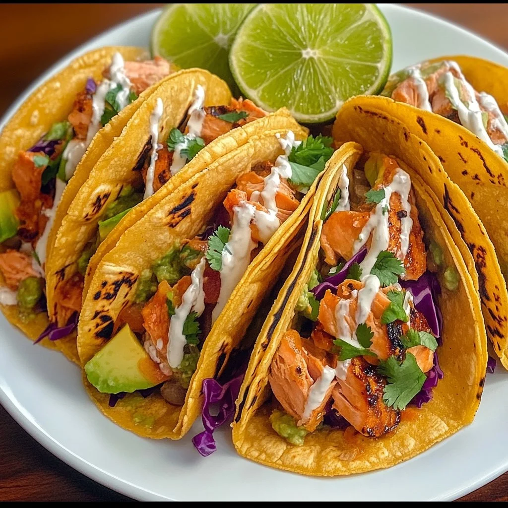Delicious homemade salmon tacos topped with fresh herbs and vegetables