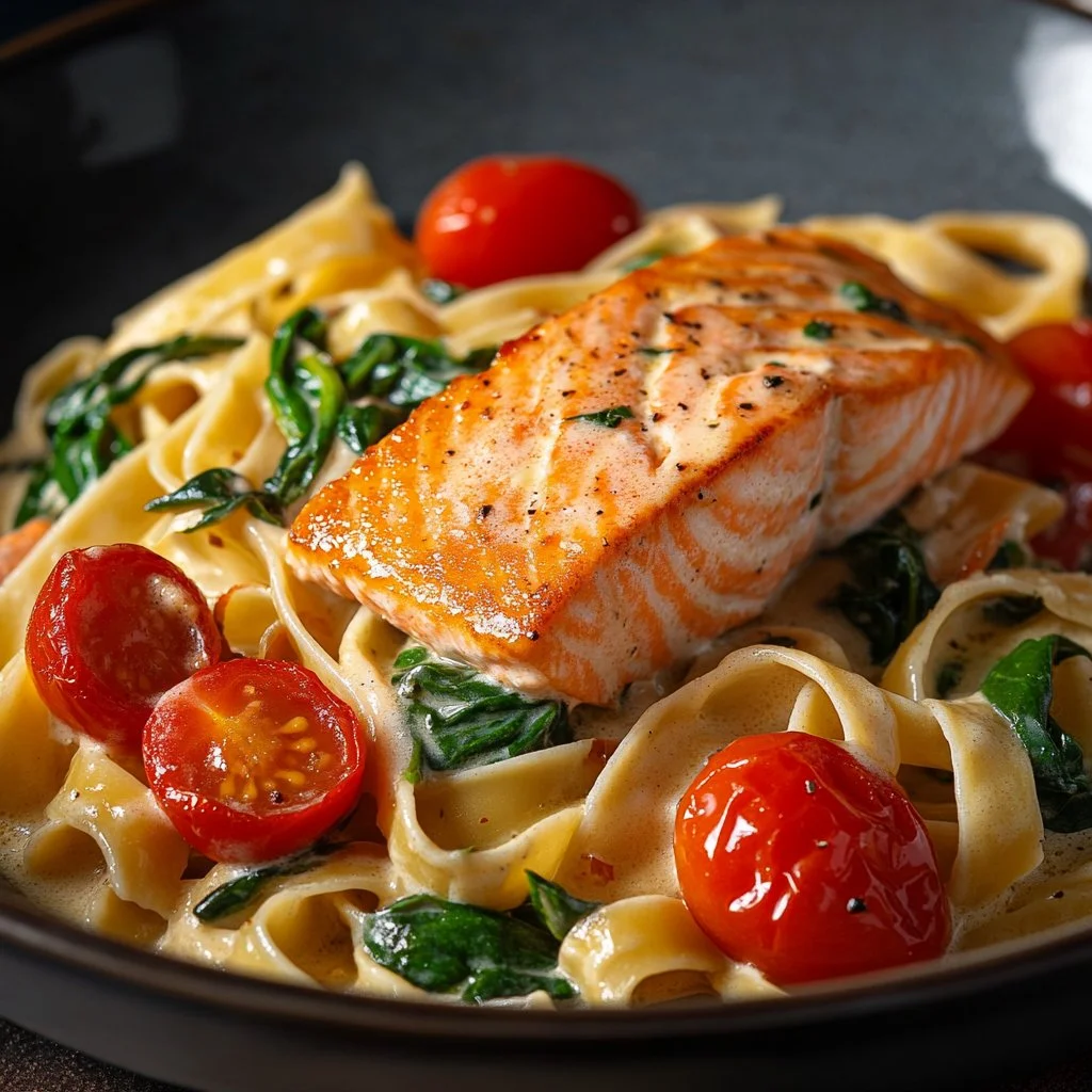 Delicious Salmon Alfredo with tomatoes and spinach served on a plate