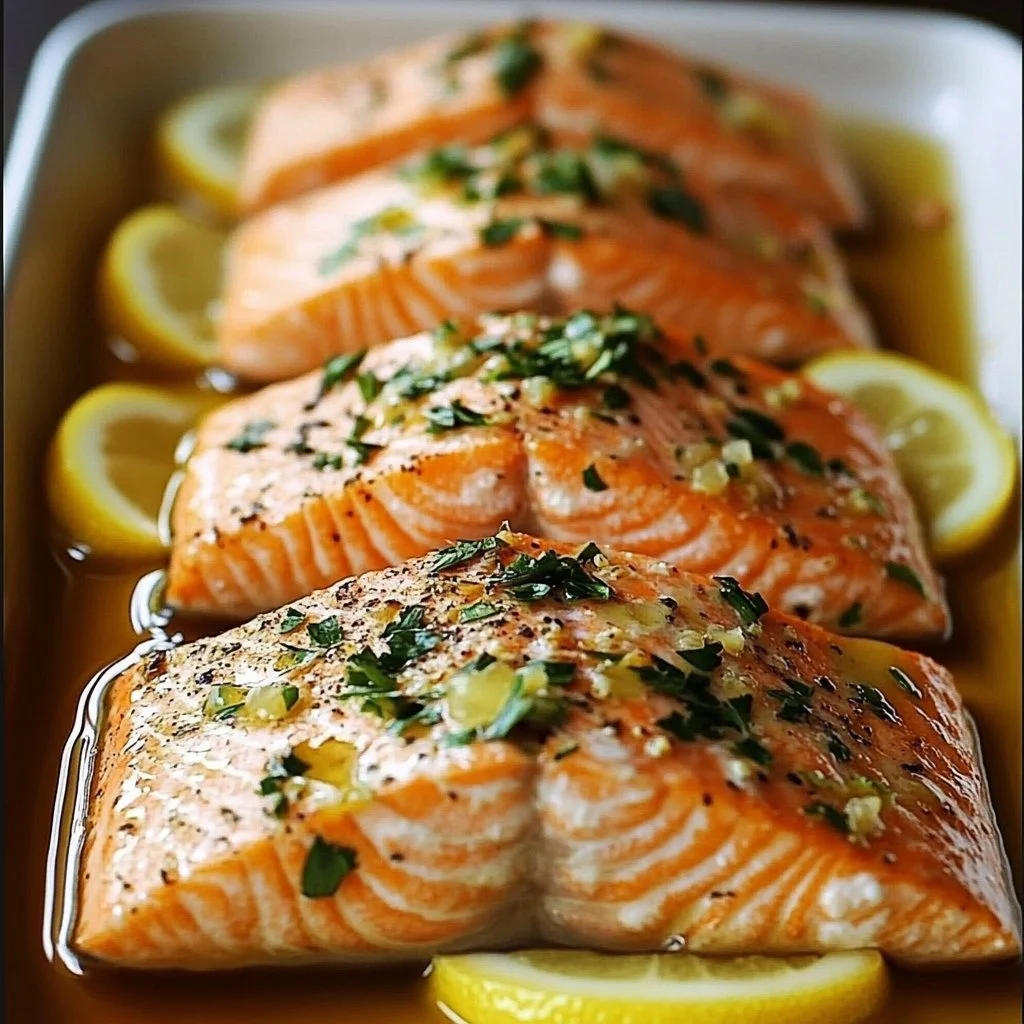 Savory baked salmon dish garnished with herbs and lemon slices
