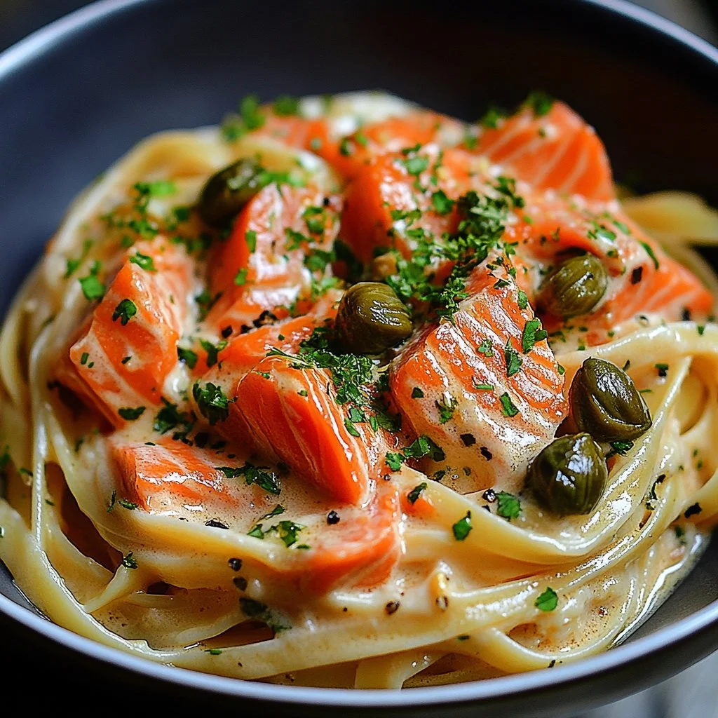 Plate of savory smoked salmon linguine topped with herbs and lemon zest