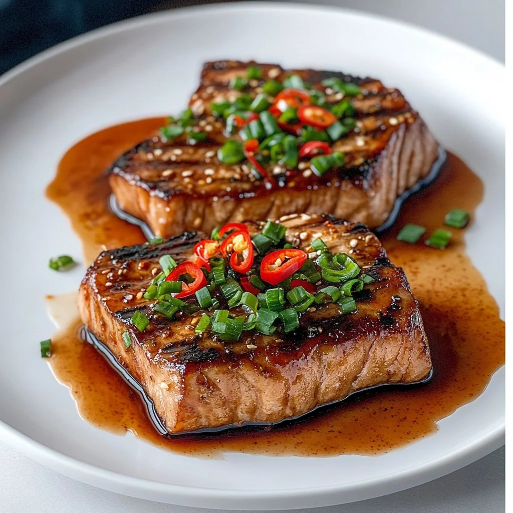 Delicious soy-ginger tuna steaks garnished with fresh herbs