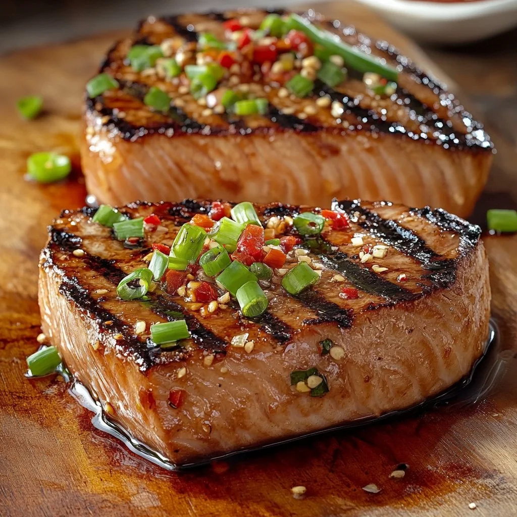 Savory soy-ginger tuna steaks garnished and ready to serve.