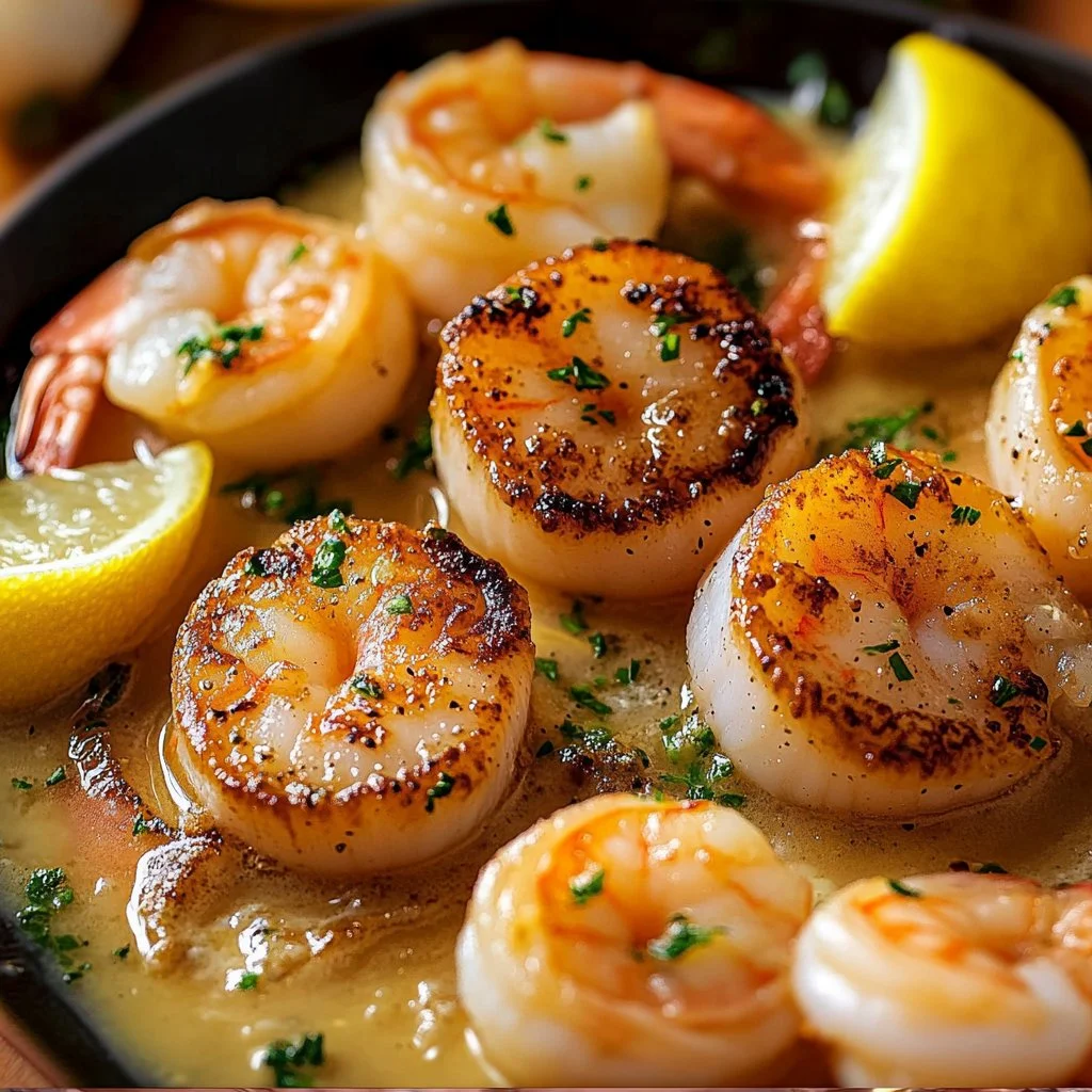 Scallops and shrimp cooked in garlic butter sauce, a delicious seafood dish.