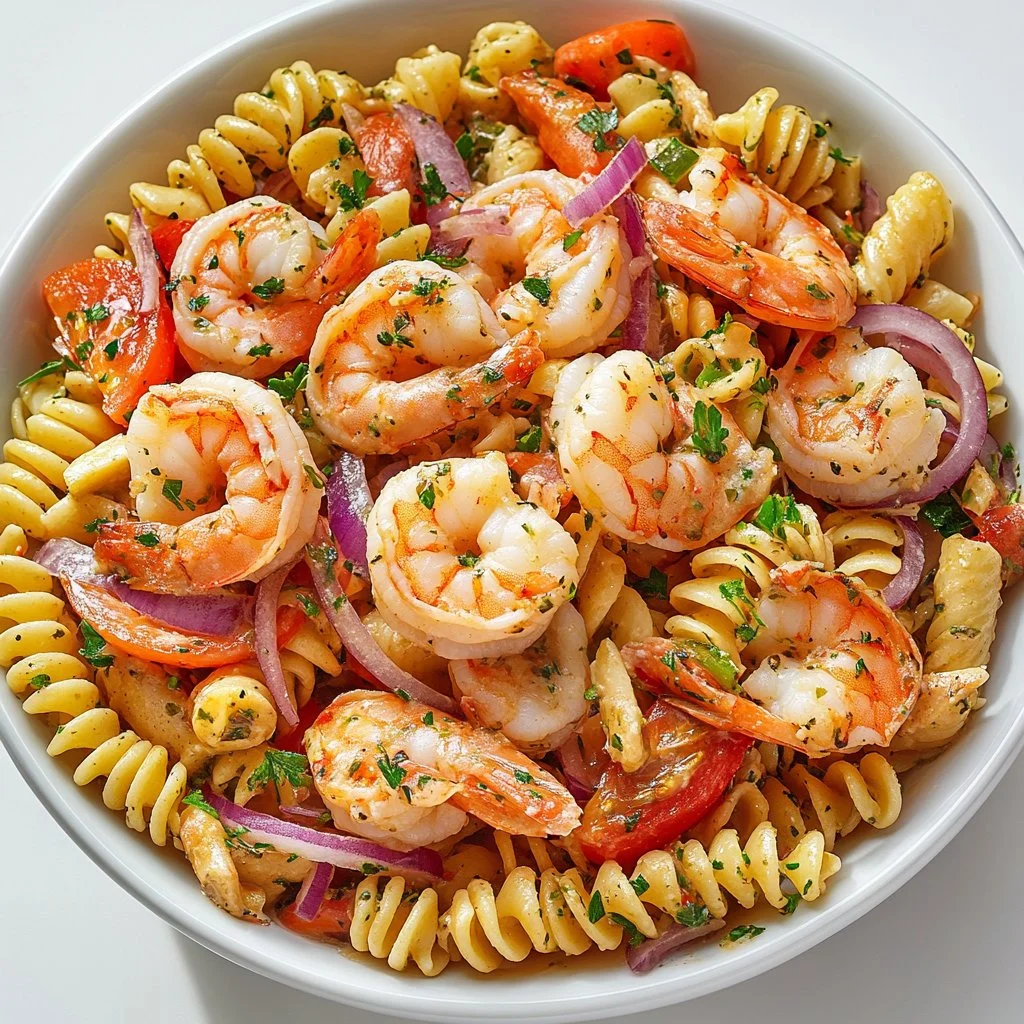 Delicious Seafood Pasta Salad with Crab and Shrimp served in a bowl