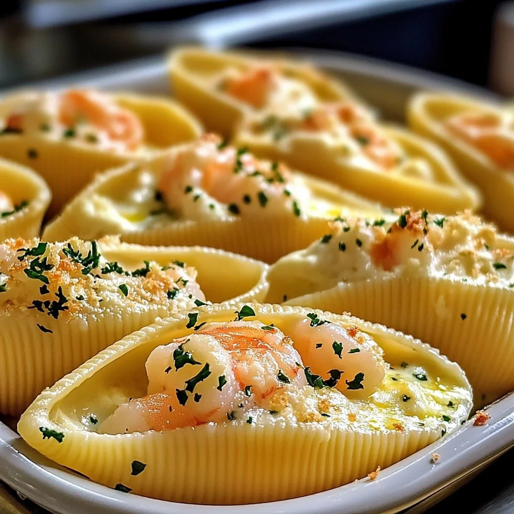 Delicious seafood stuffed shells topped with creamy sauce and herbs
