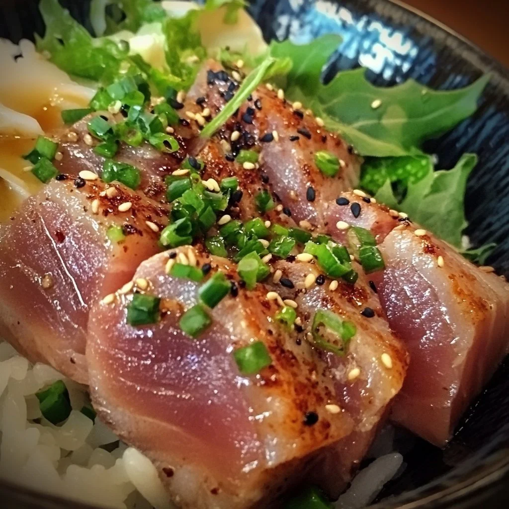 Delicious seared Ahi Tuna steak on a plate with garnishes.