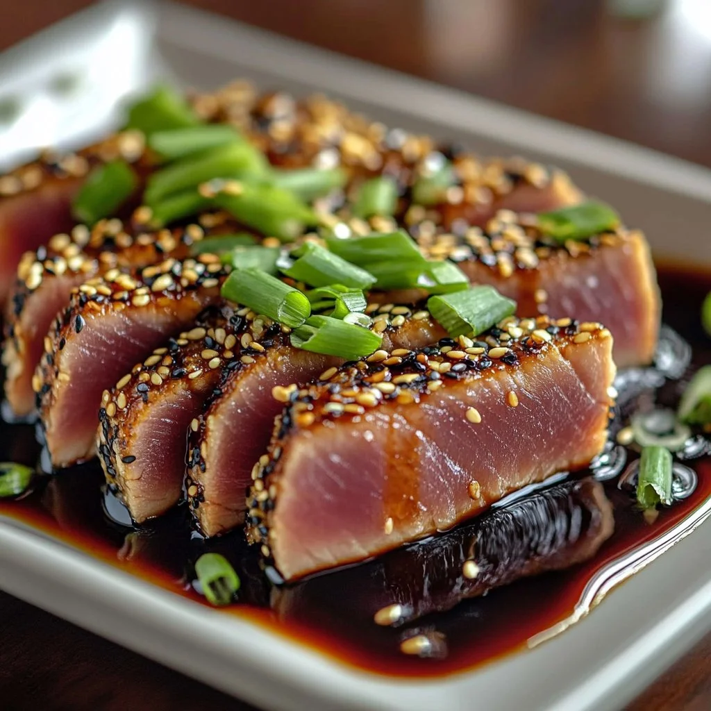Seared Ahi Tuna drizzled with Asian glaze served on a white plate