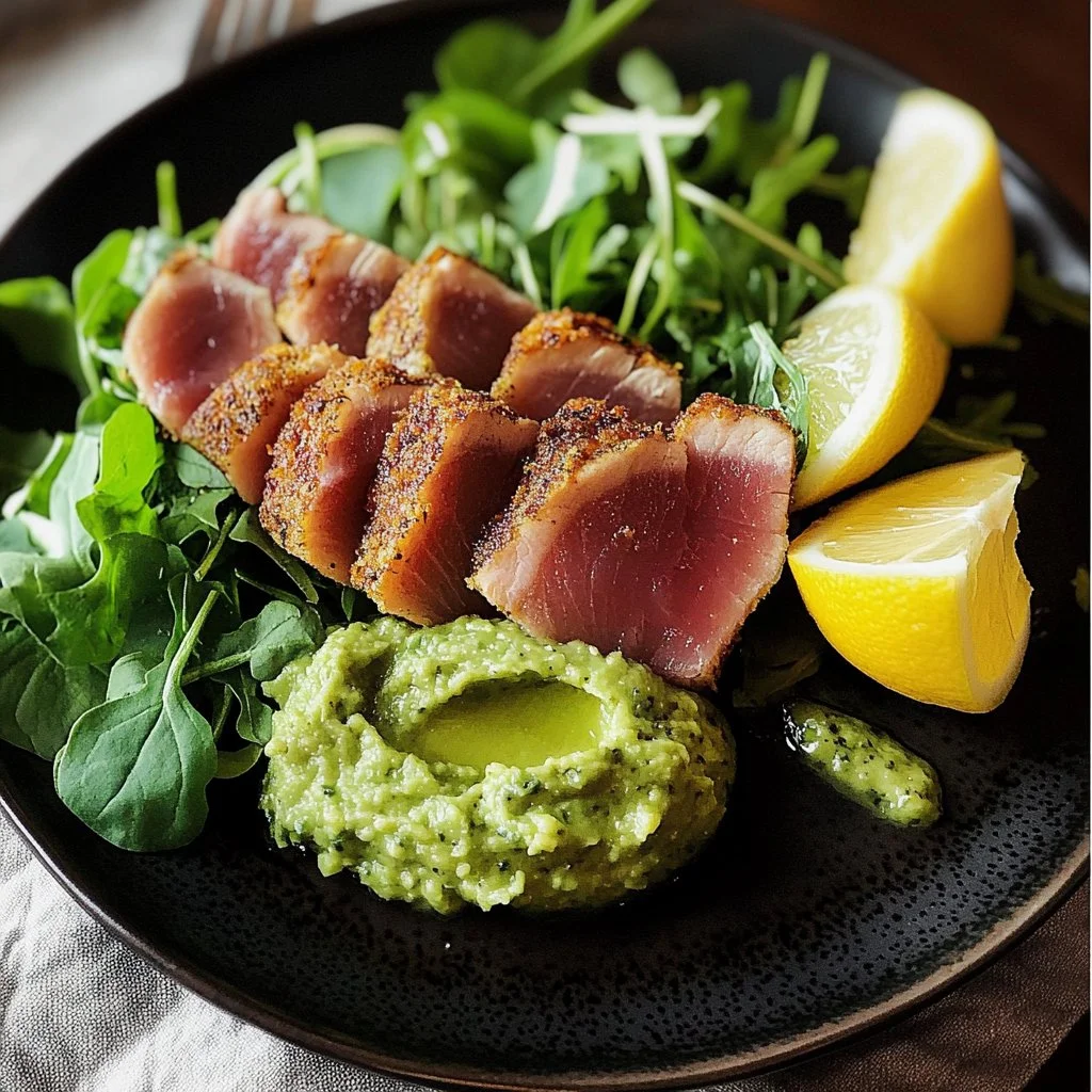 Seared tuna steak with crispy crust and citrus avocado mash on a plate