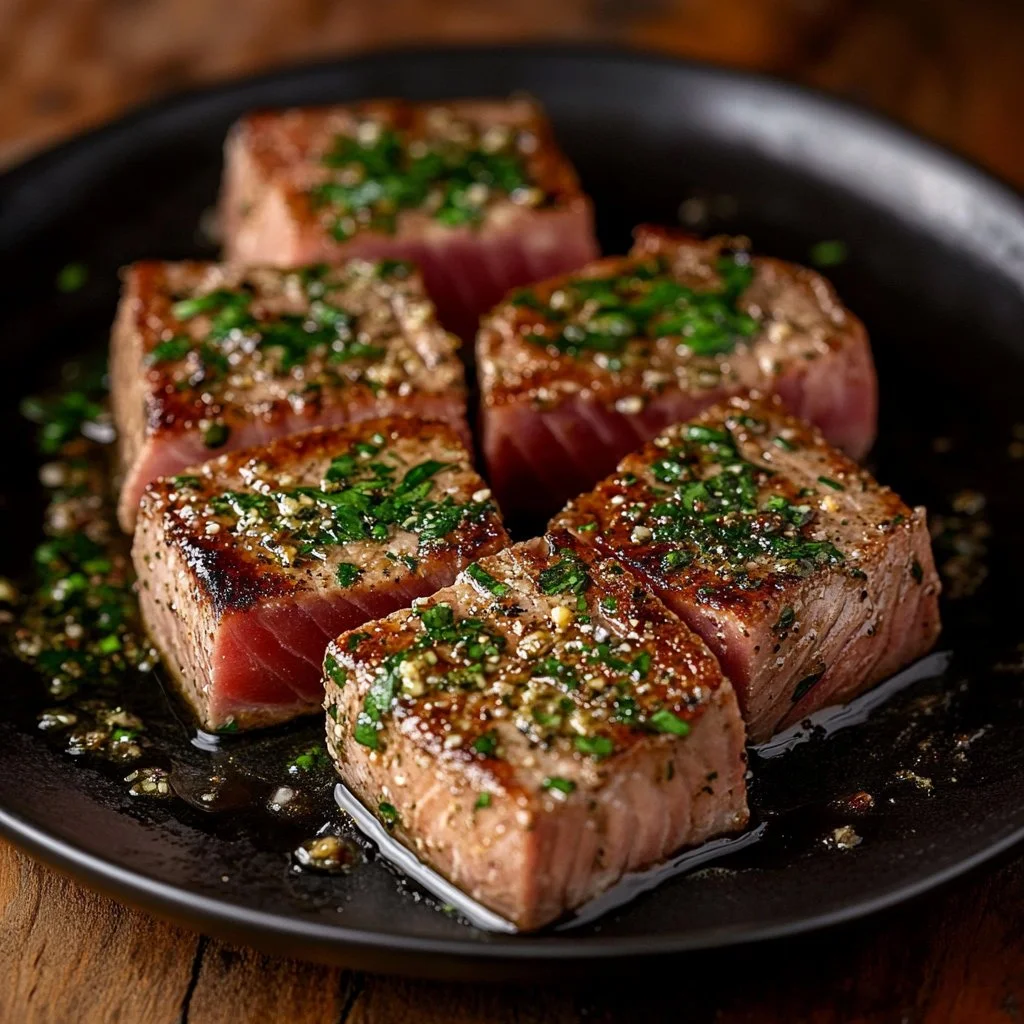 Seared tuna steaks garnished with garlic herb butter on a plate.