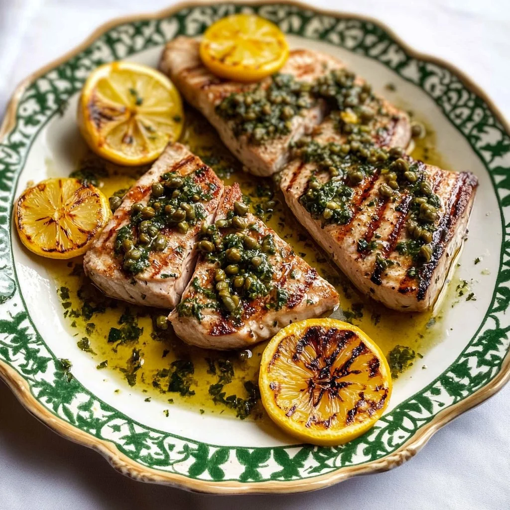 Seared tuna steaks garnished with lemon, caper, and parsley butter on a plate