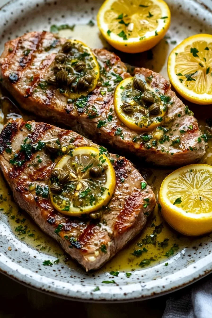 Seared tuna steaks with lemon, caper and parsley butter