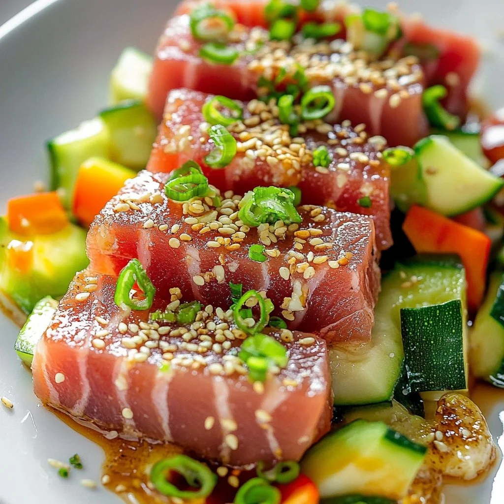 Delicious seared tuna with sesame seeds and ginger sauce garnished beautifully