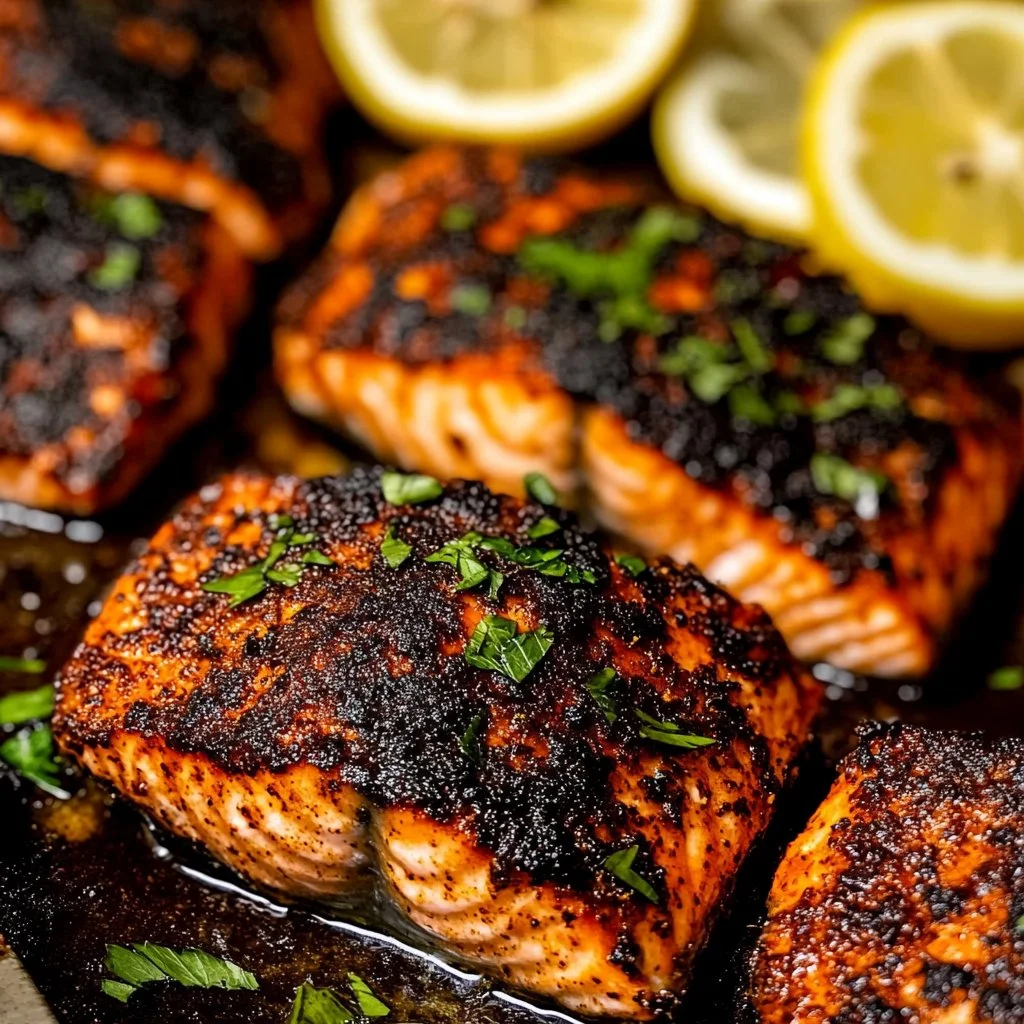 Plate of seasoned salmon fillet with lemon butter topping garnished with herbs