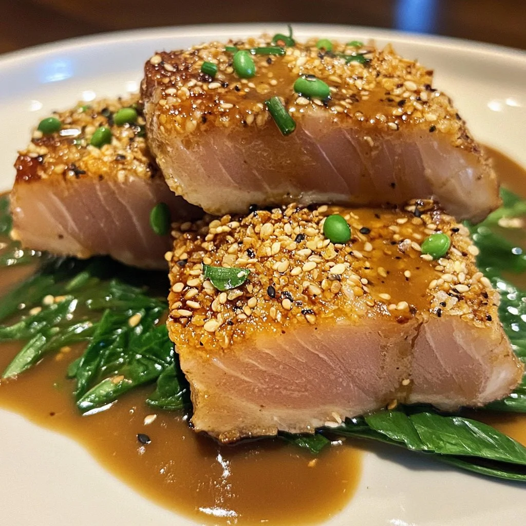 Sesame crusted ahi tuna served on a plate with garnishes