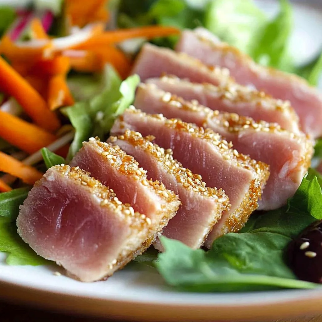 Sesame crusted ahi tuna served with soy ginger lime sauce on a plate