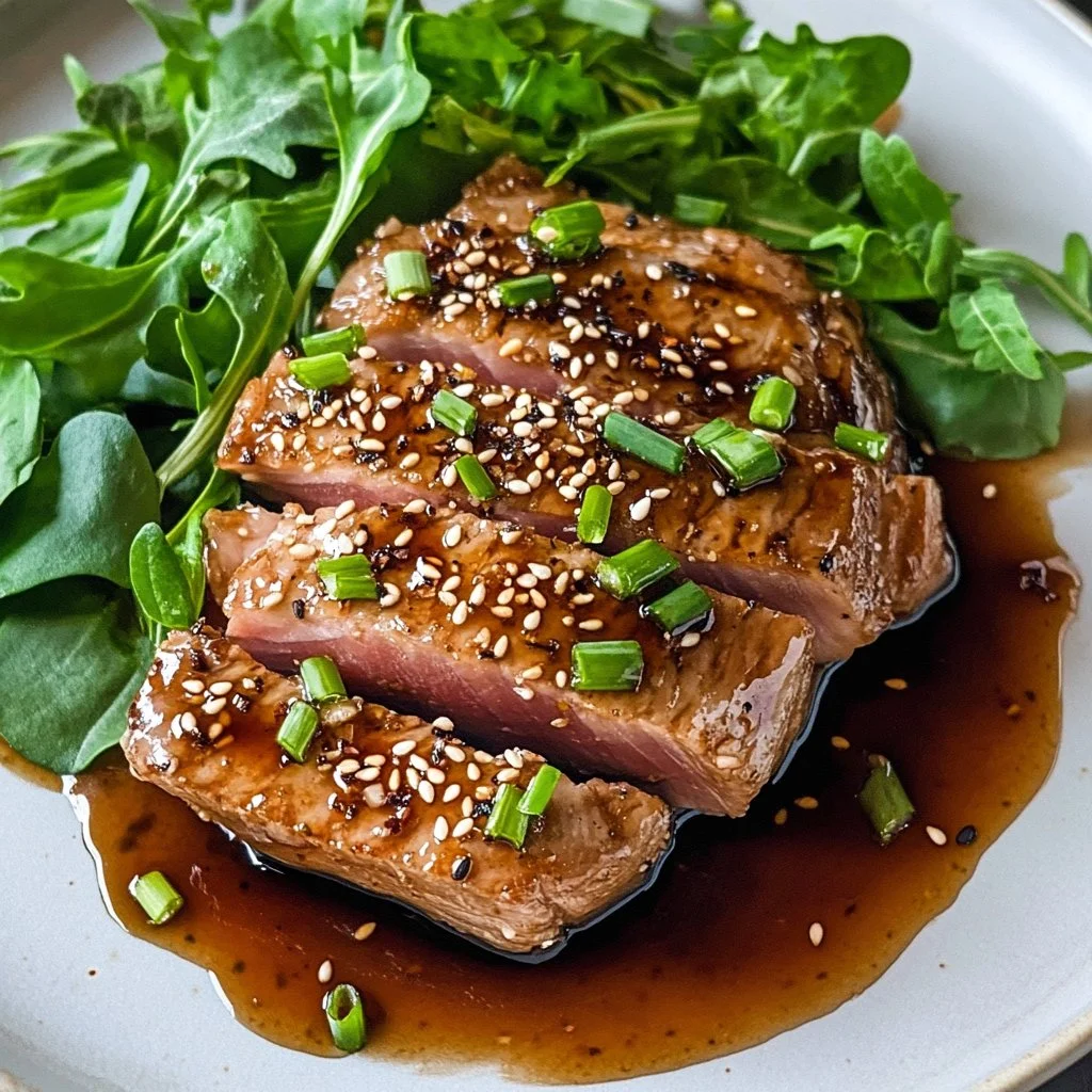 Sesame ginger Asian tuna steak garnished with green onions and sesame seeds