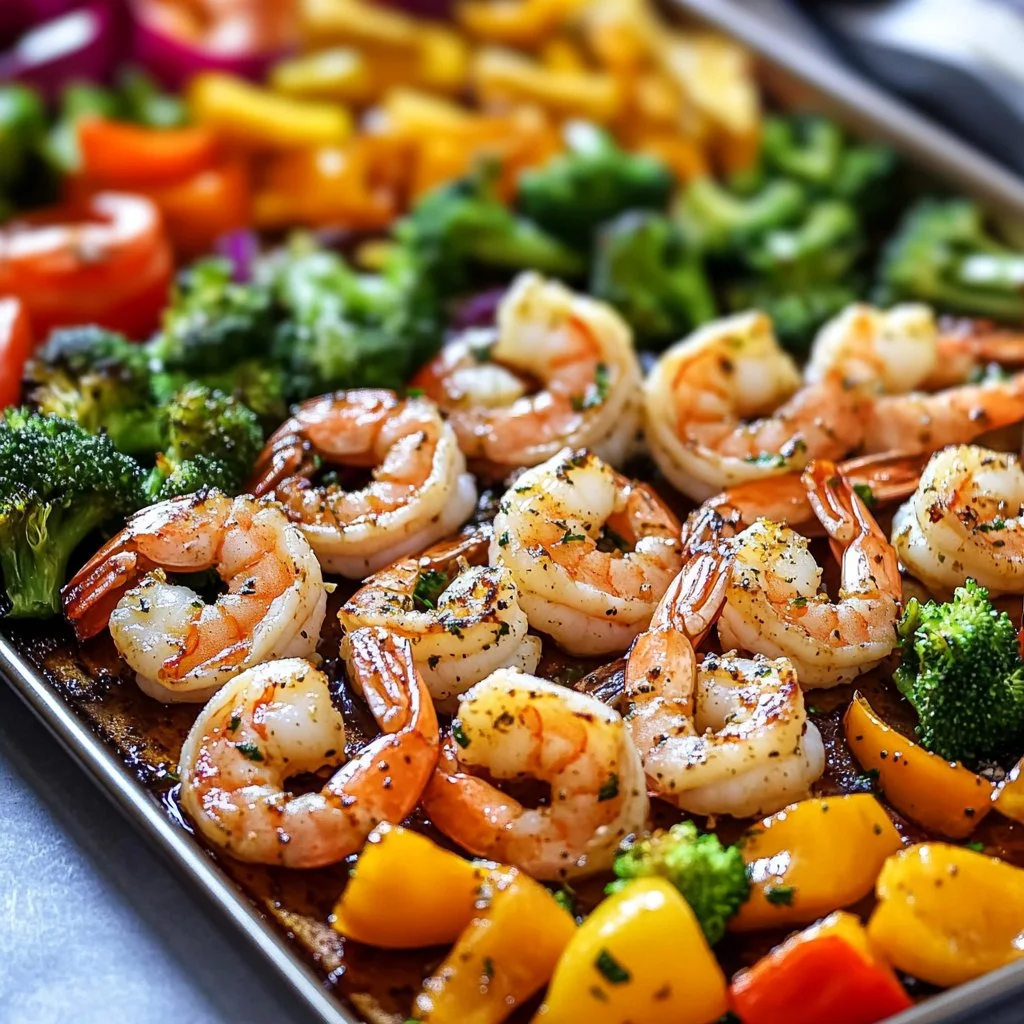 Sheet Pan Garlic Shrimp and Veggies cooked to perfection on a baking tray.