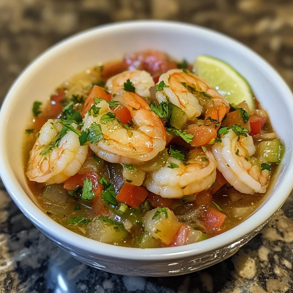 Freshly prepared Shrimp Aguachile dish garnished with lime and cilantro