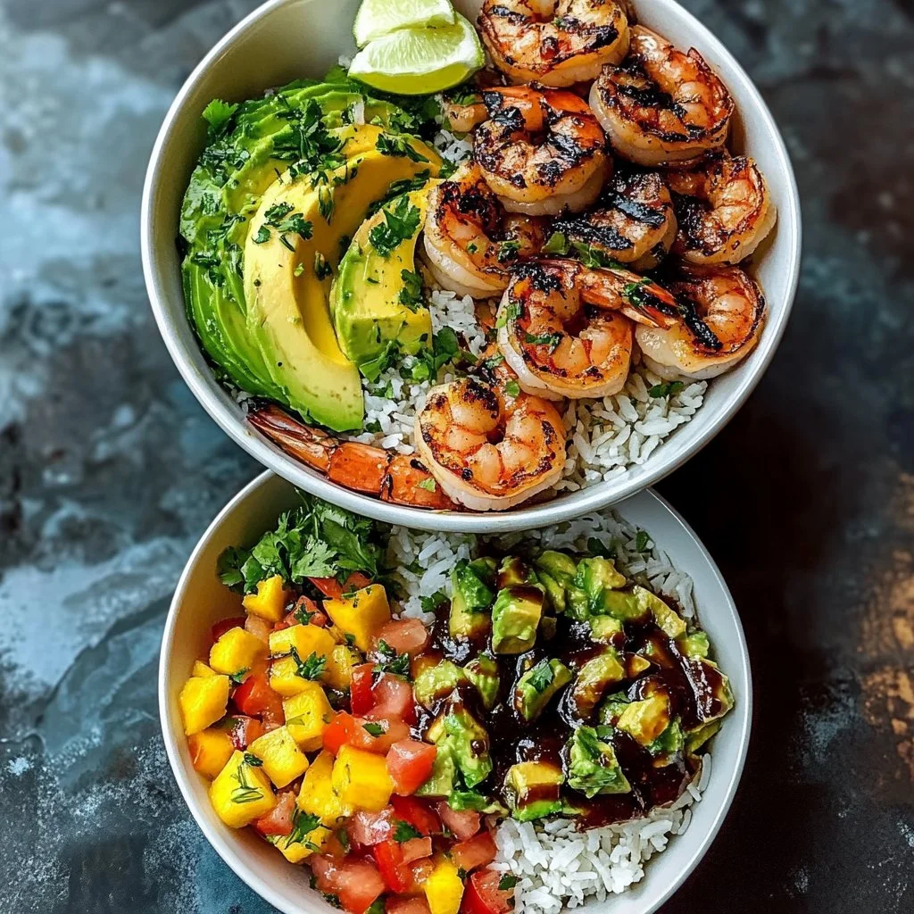 Shrimp avocado bowls with mango salsa and lime-chili sauce served in a vibrant dish