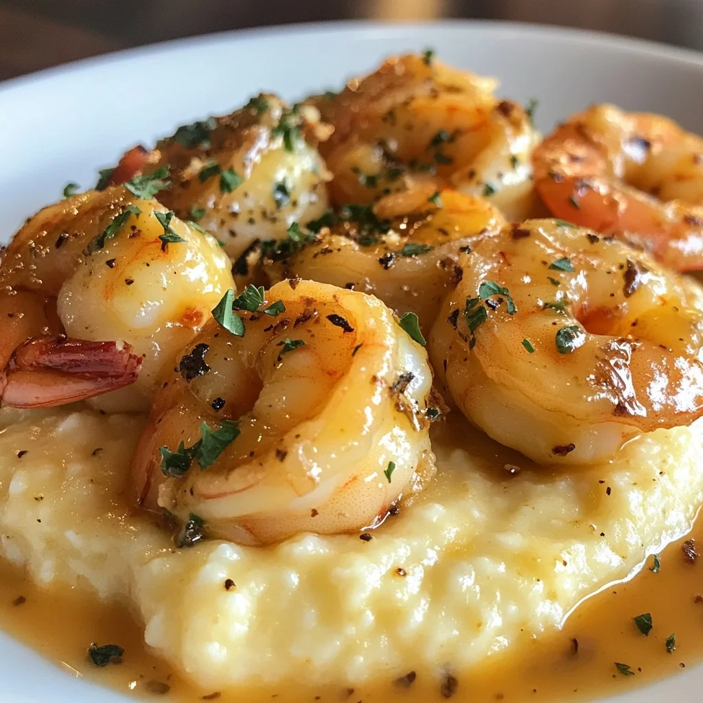 Creamy Shrimp and Cheese Grits dish garnished with herbs in a bowl