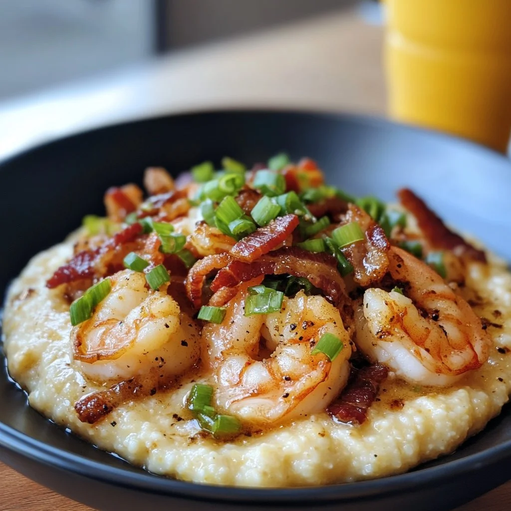 Delicious bowl of shrimp and grits with spices and herbs