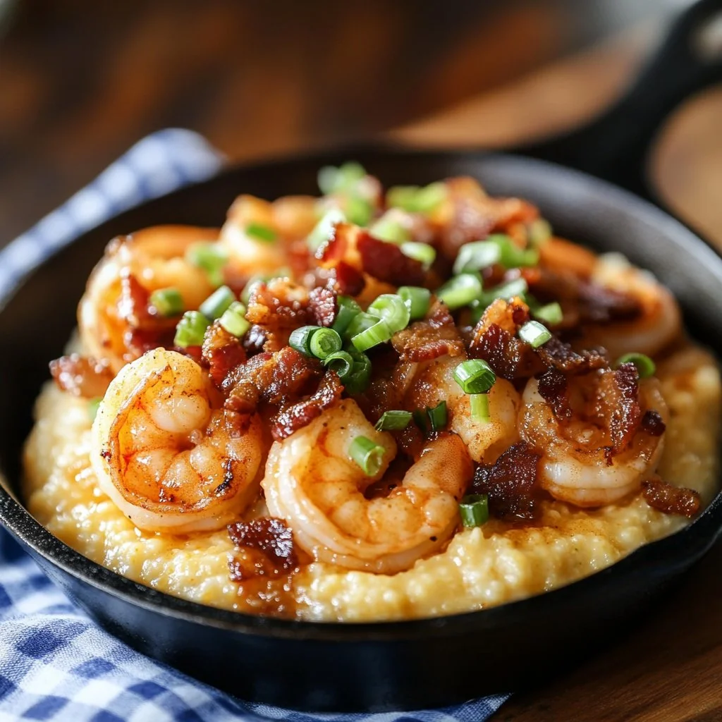 Delicious shrimp and grits plated with garnishes