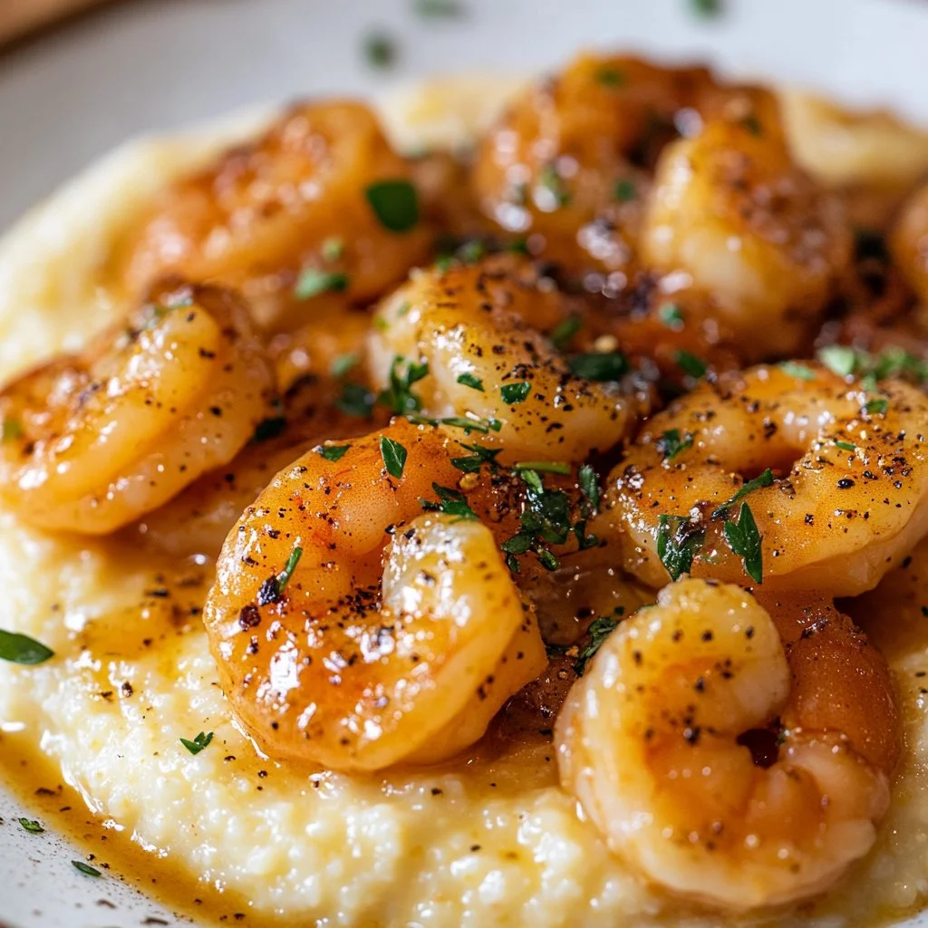 Plate of Shrimp and Grits topped with herbs and served with a side of lemon.