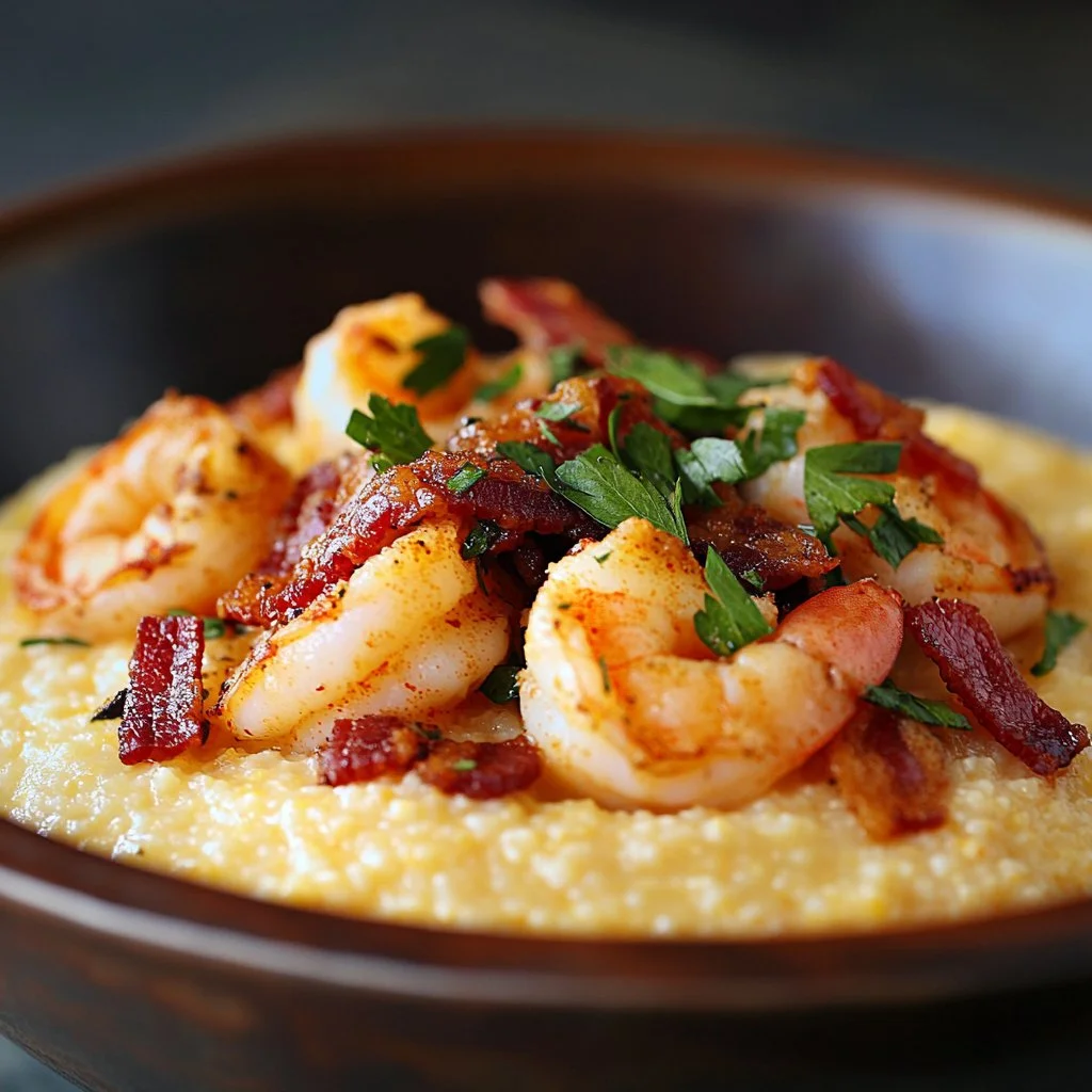 Shrimp and grits with crispy bacon and cheddar served on a plate