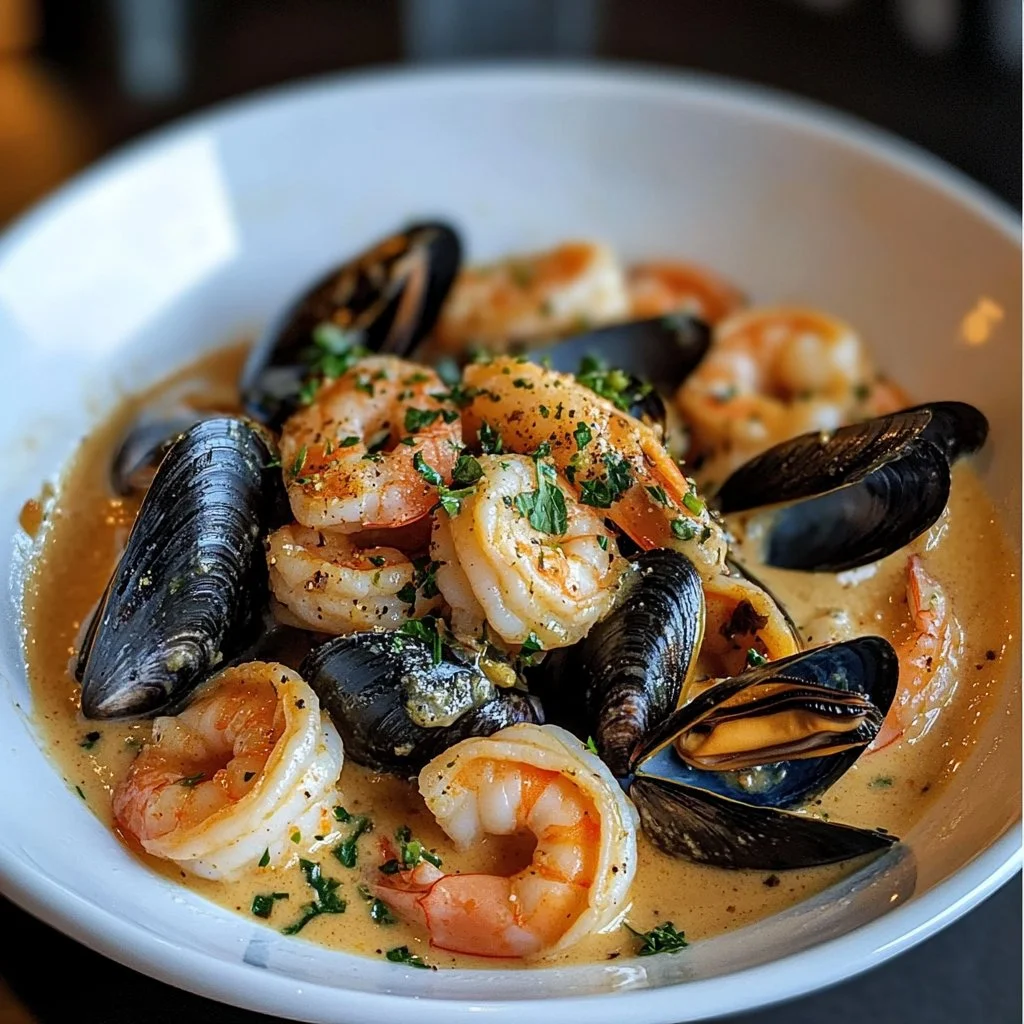 Plate of shrimp and mussels in creamy garlic sauce garnished with fresh herbs
