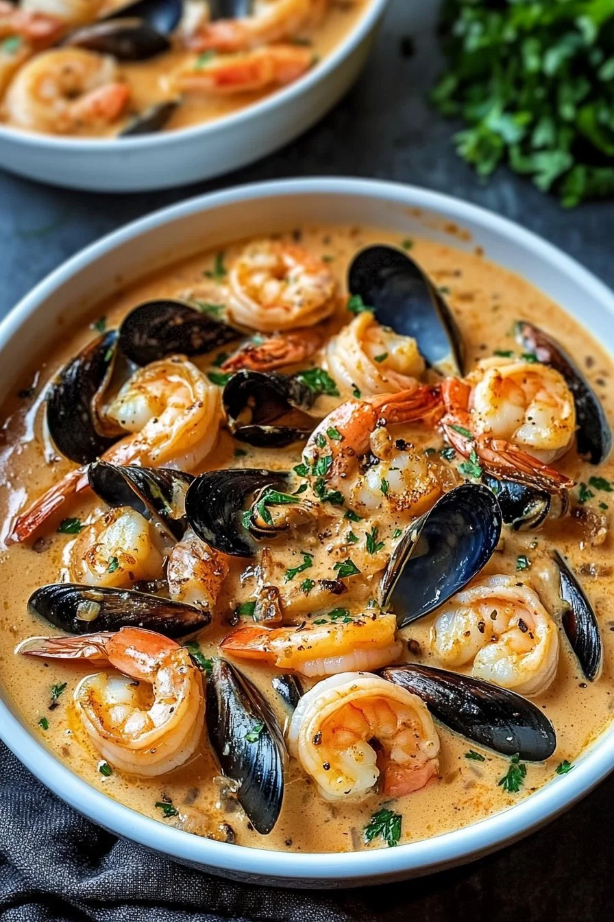 Shrimp and Mussels in Creamy Garlic Sauce