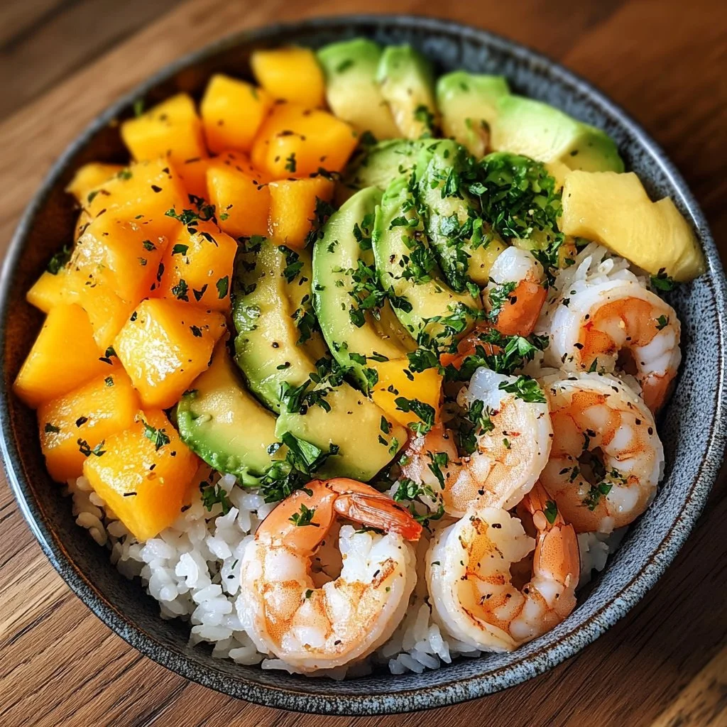 Delicious shrimp avocado mango rice bowl with fresh ingredients.