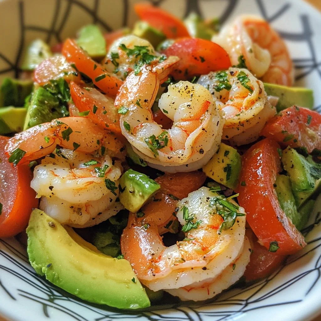 Fresh shrimp avocado salad with a zesty dressing and colorful ingredients