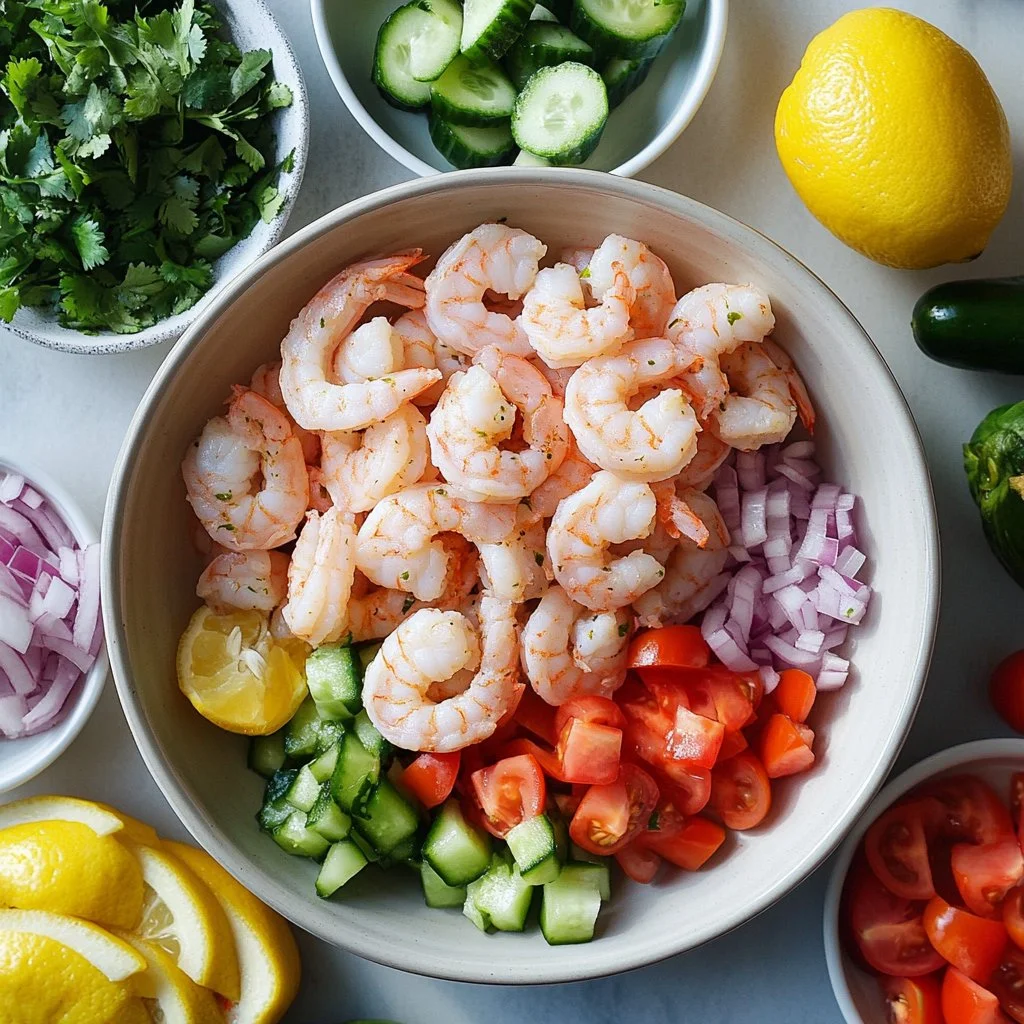Delicious shrimp ceviche served in a bowl with fresh ingredients