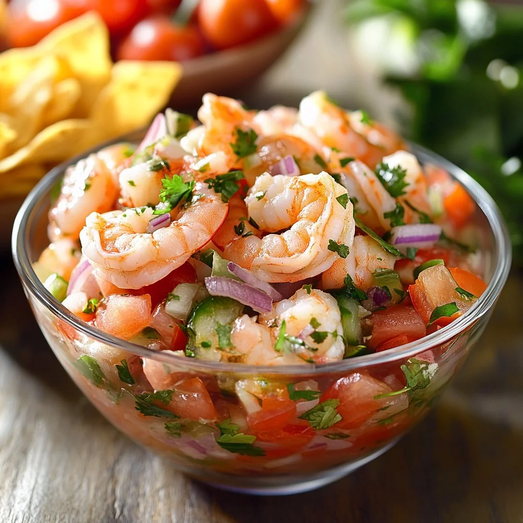 Tasty shrimp ceviche served with fresh ingredients and lime