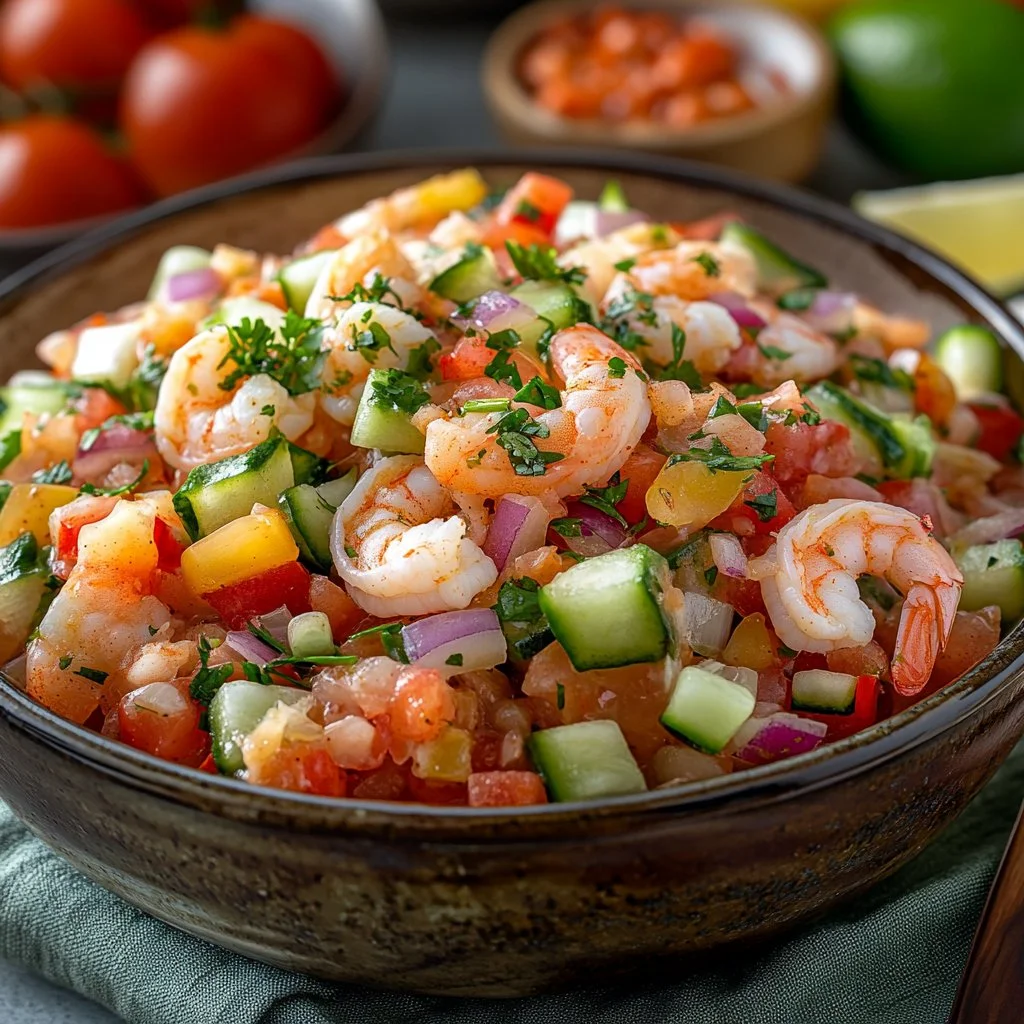 Plate of shrimp ceviche served with crispy homemade Tajin chips