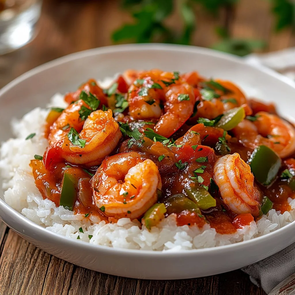 Delicious Shrimp Creole served in a bowl, showcasing fresh shrimp and vibrant spices.