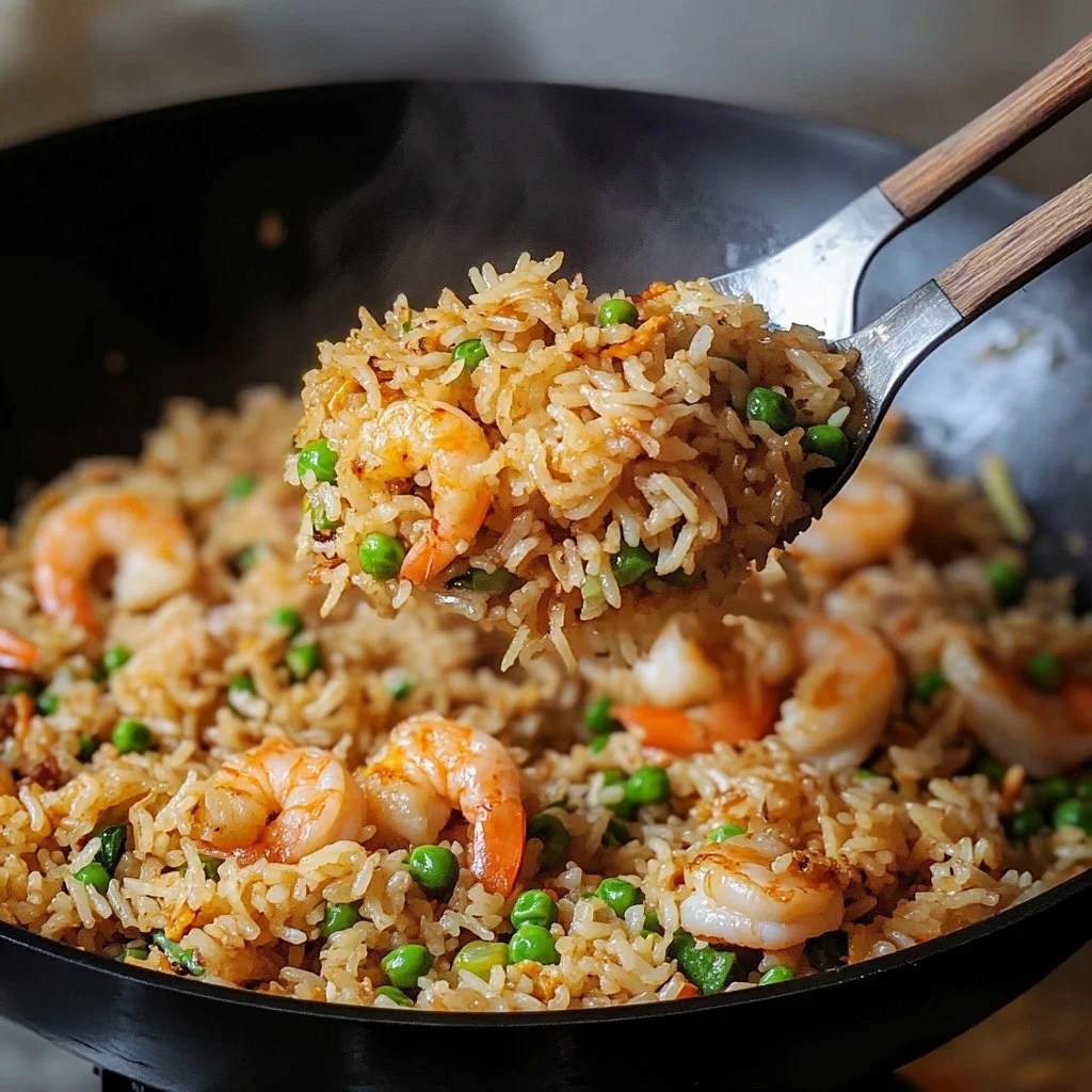 Plate of shrimp fried rice with egg garnished with green onions