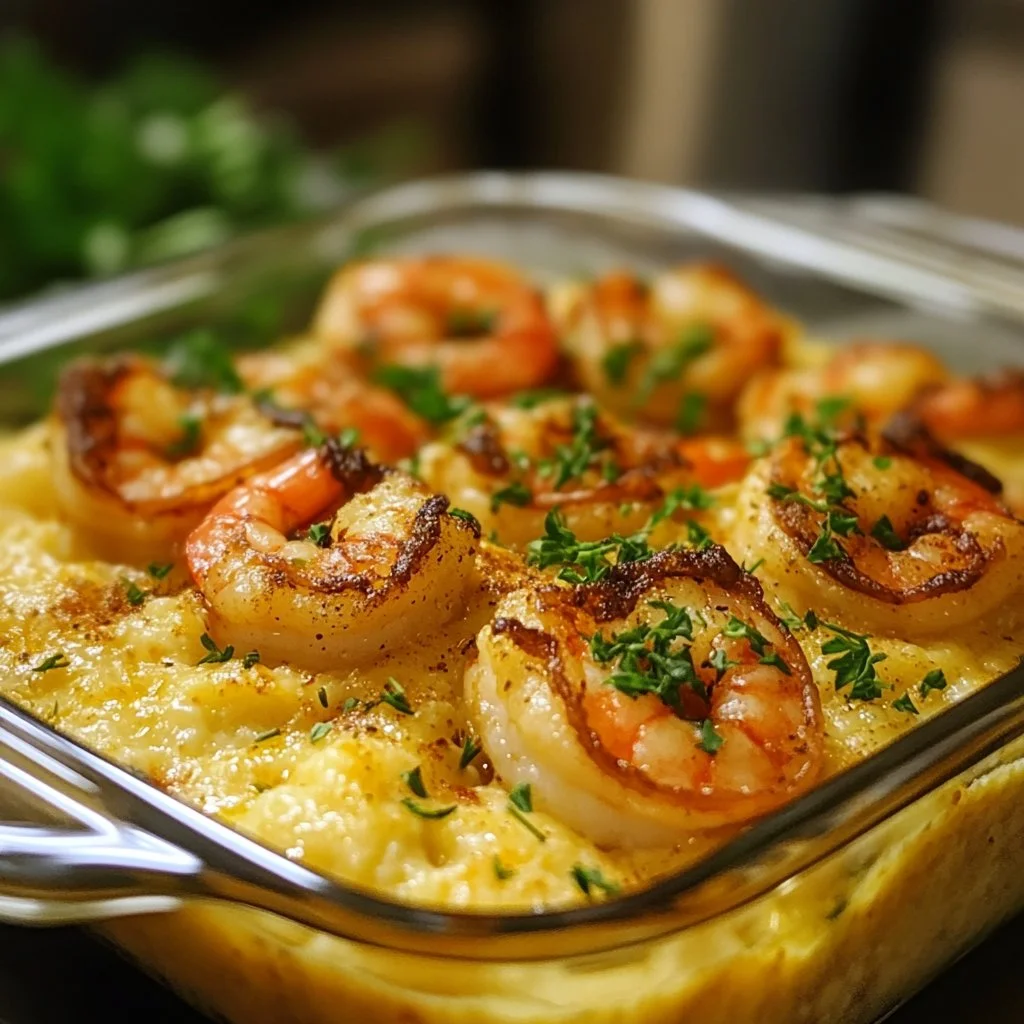 Delicious Shrimp & Grits Casserole topped with shrimp and herbs