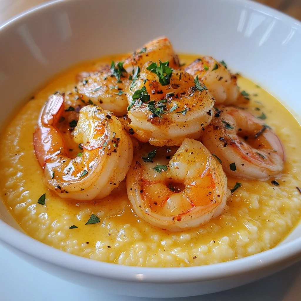 Delicious shrimp and grits topped with Cajun cream sauce in a bowl