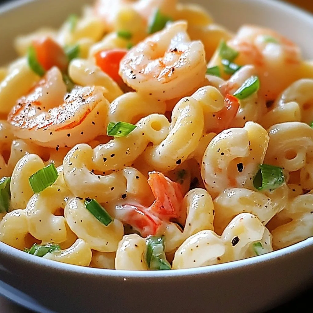 Shrimp macaroni salad with colorful vegetables and shrimp served in a bowl