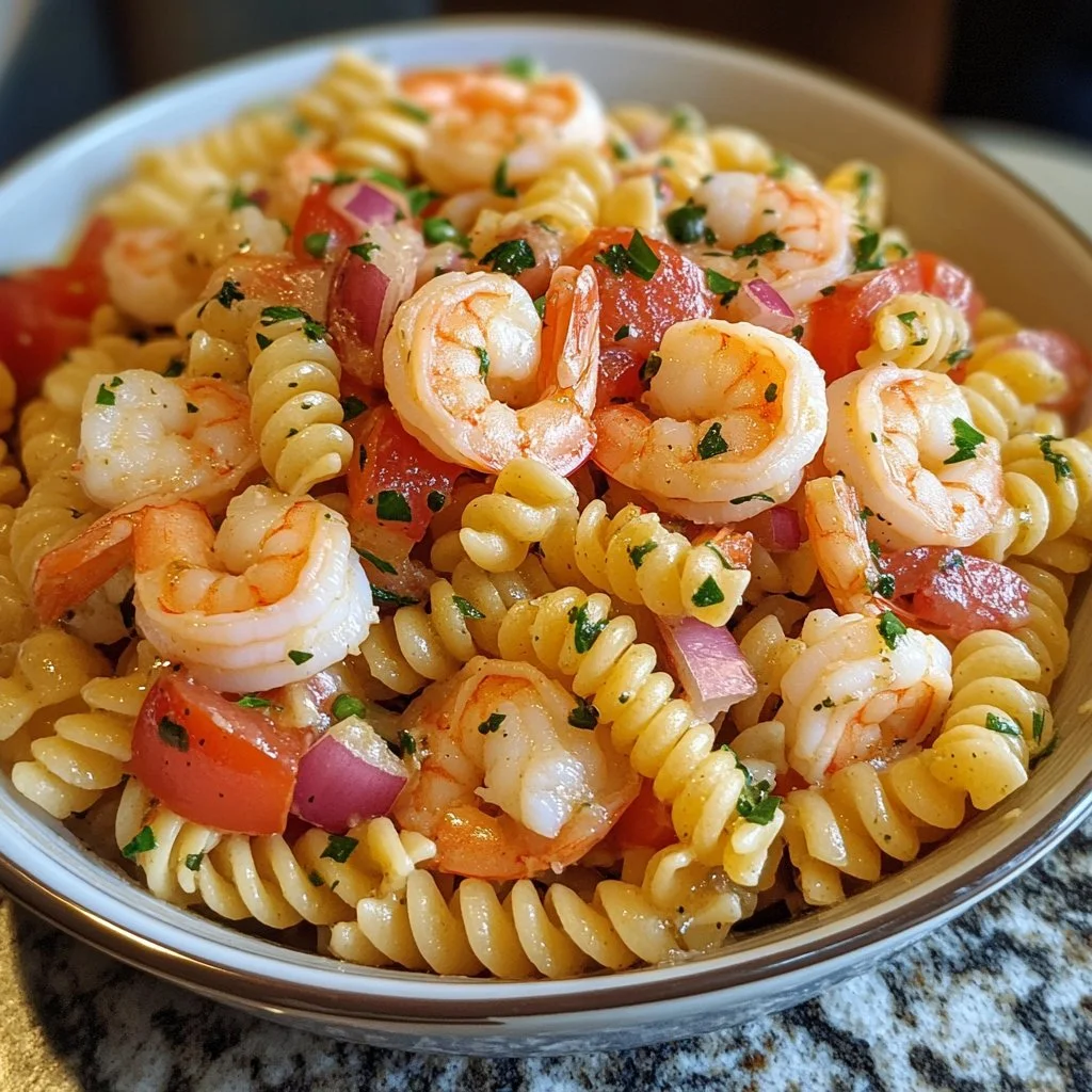 Colorful shrimp pasta salad with veggies and dressing in a bowl