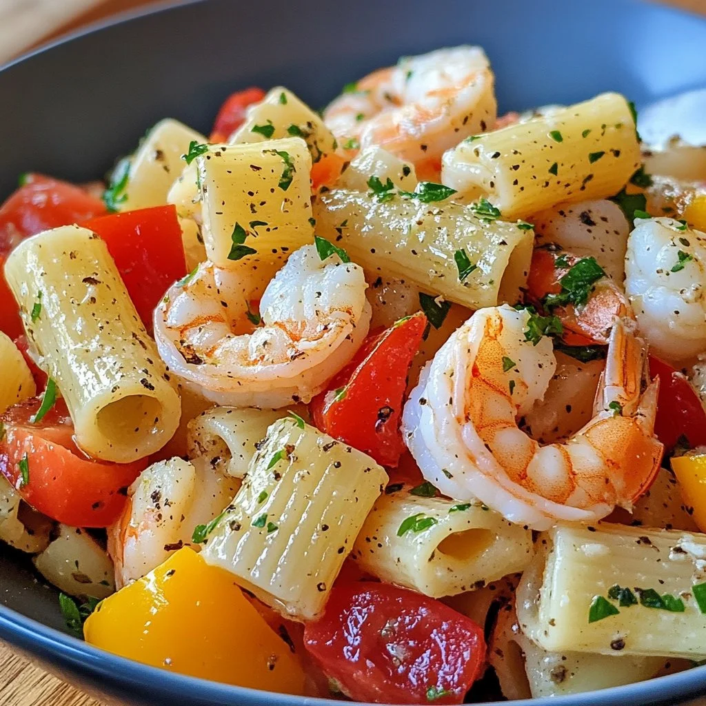 Colorful shrimp pasta salad with fresh veggies and pasta served in a bowl