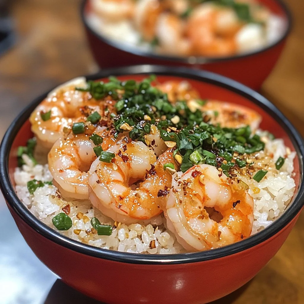 Delicious shrimp rice bowls with fresh vegetables and flavorful sauce