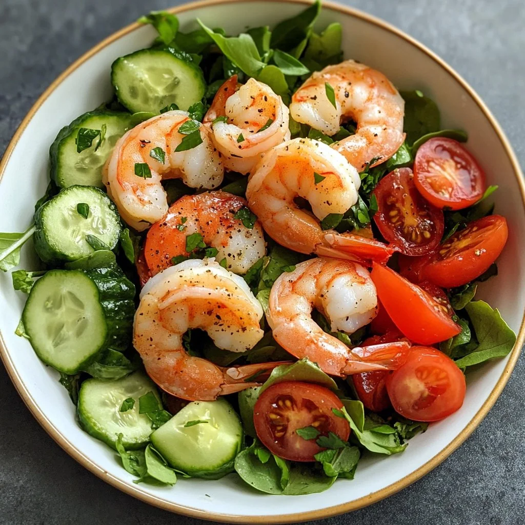 Delicious shrimp salad with greens, vegetables, and zesty dressing served in a bowl.